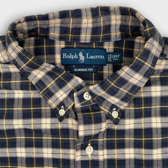 VINTAGE Ralph Lauren Shirt Mens 2XLT Tall Beige Black Check Woven Button Down - Picture 8 of 16